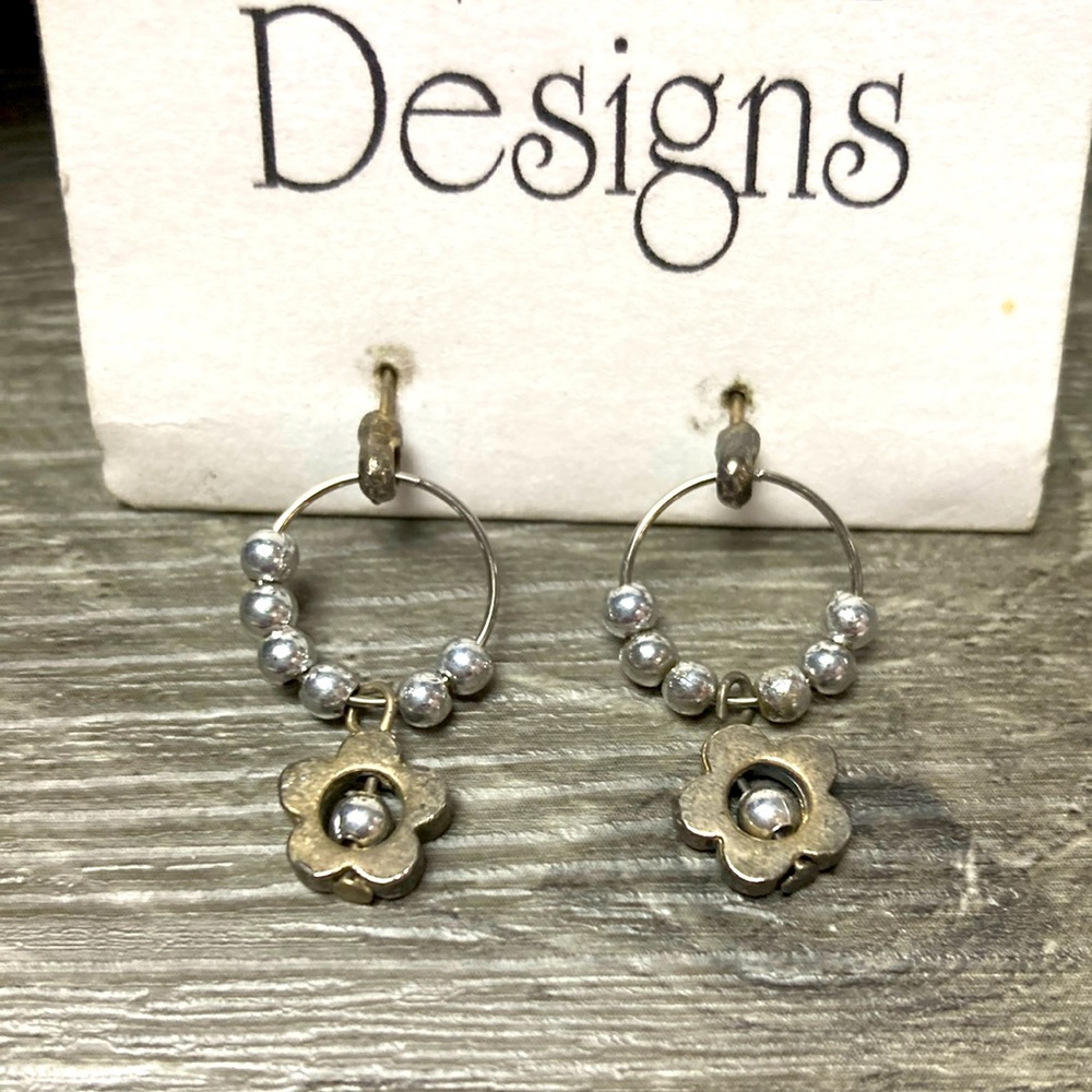 Silver Beaded Metal Flower Dangle Earrings
